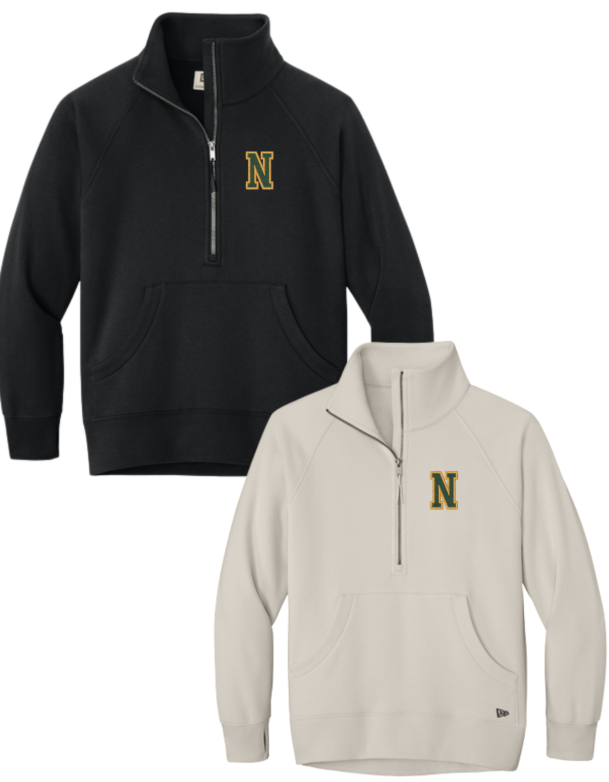LNEA528 Embroidered New Era® Women’s Heritage Fleece 1/2-Zip - Left Chest Embroidered with "N" Green N, Vegas Gold Outline