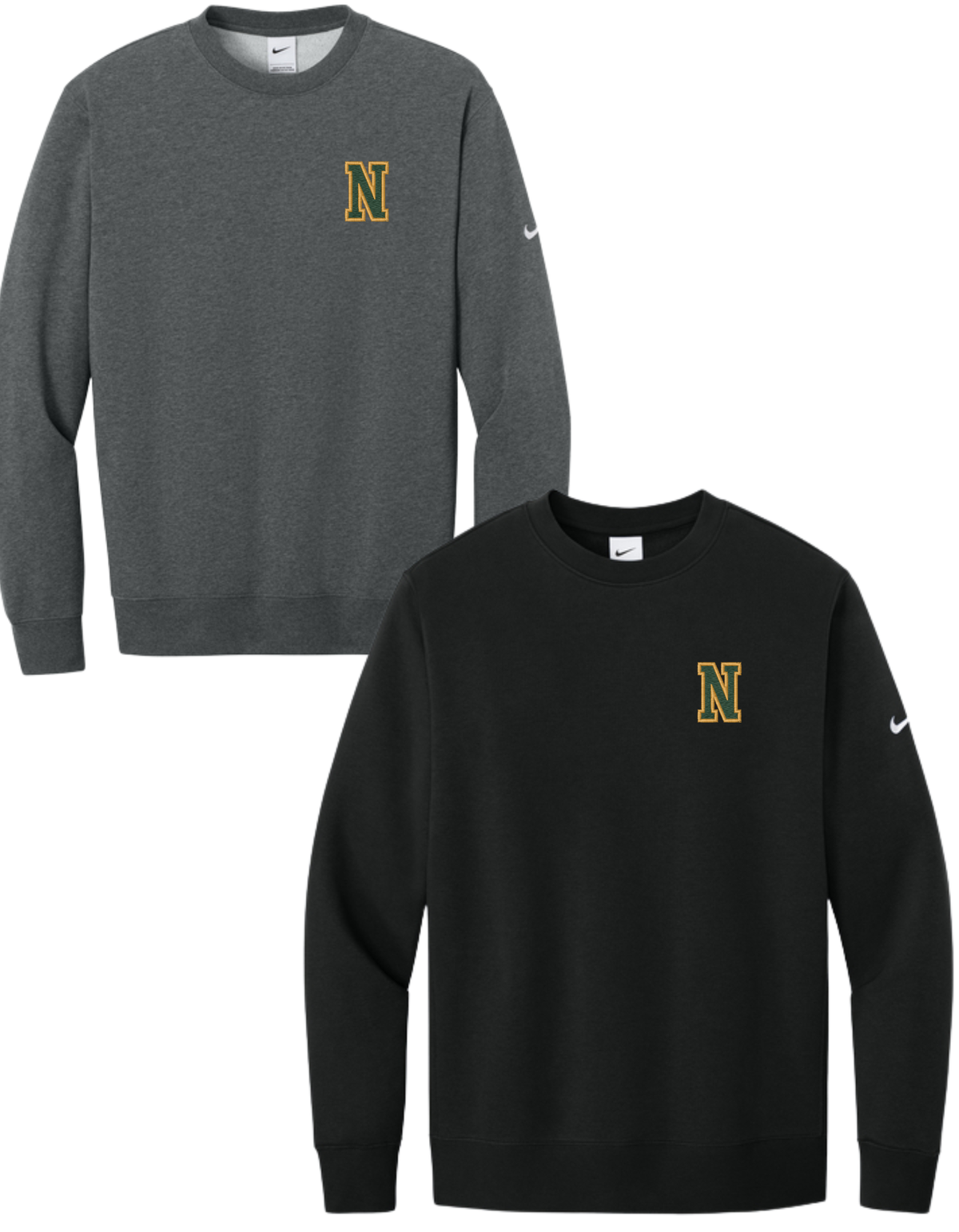 NKFD9863 Embroidered Nike Club Fleece Sleeve Swoosh Crew - Left Chest Embroidered with Green "N" and Vegas Gold Outline