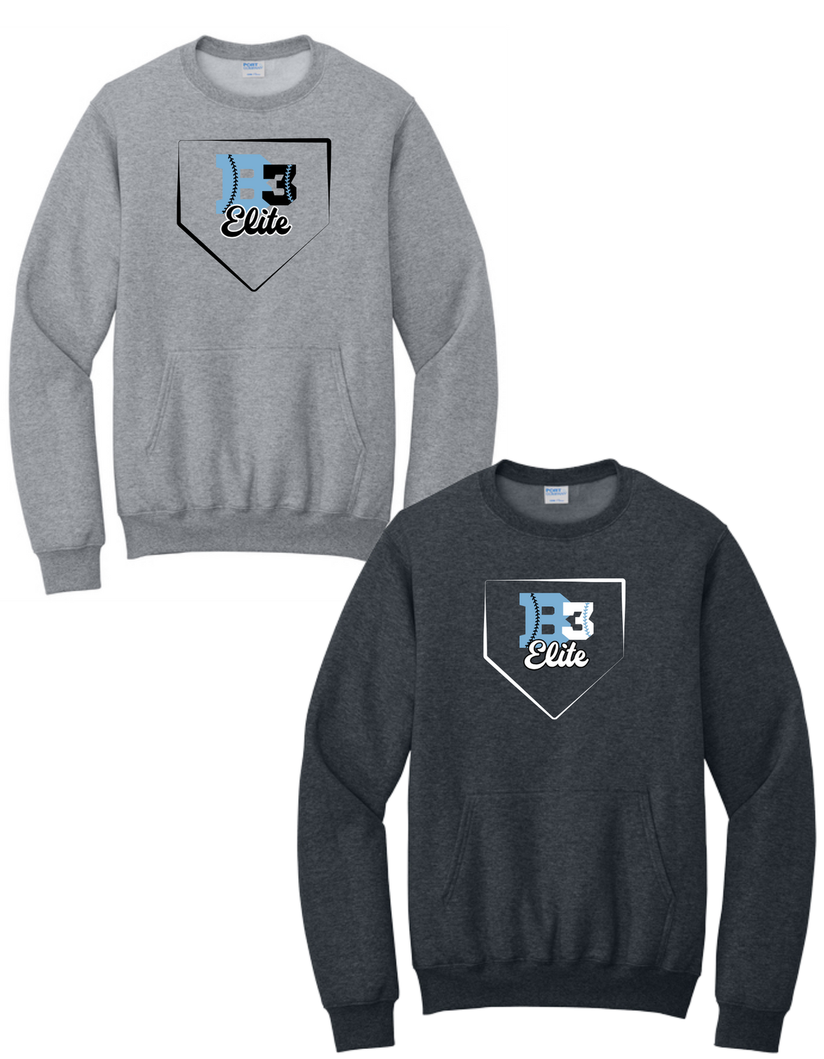 PC78PKT & PC78YPKT Port & Co® Core Fleece Crewneck Pocket Sweatshirt ++ DESIGN 2 - B3 HOME PLATE LOGO
