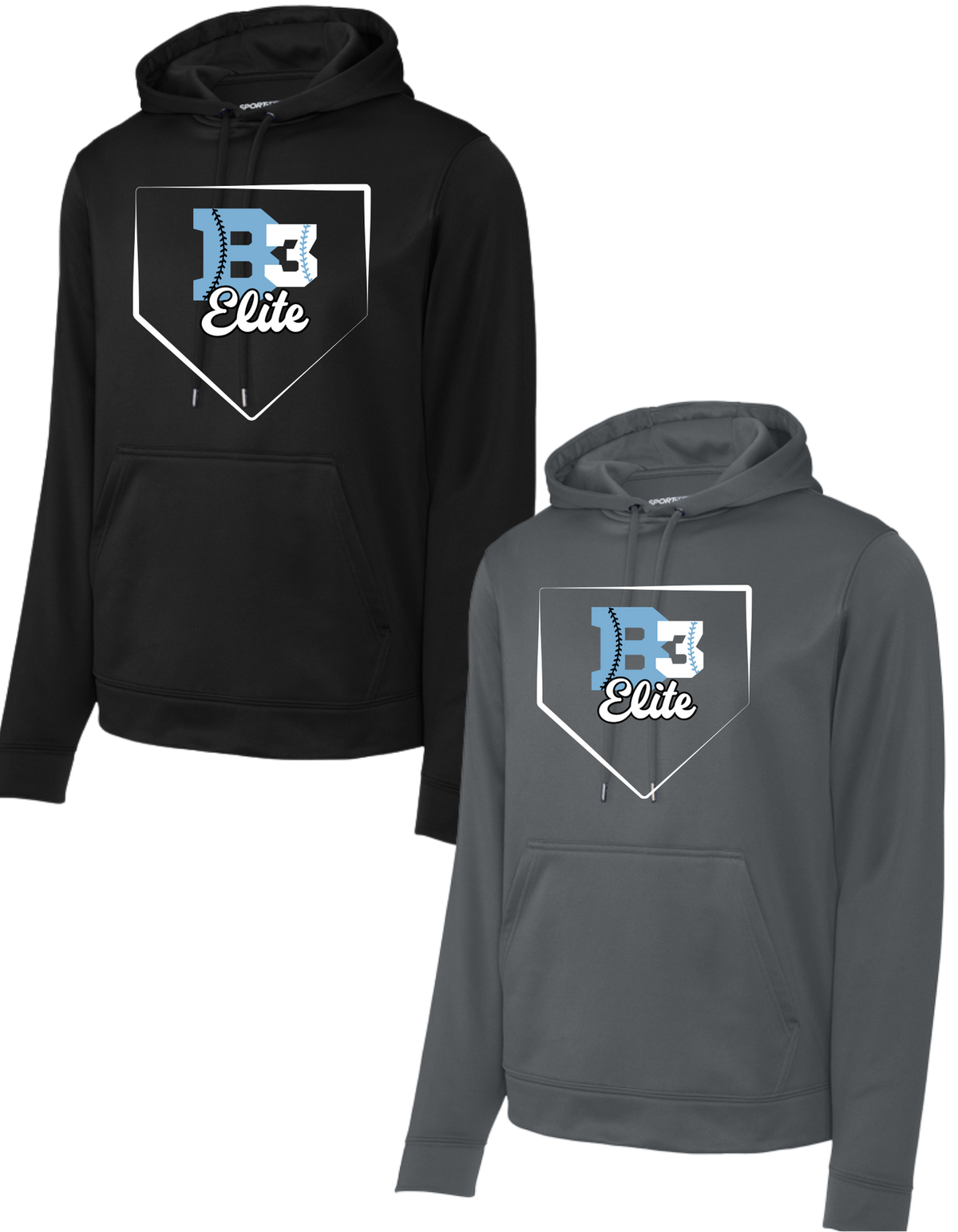F244 Adult Sport-Tek Sport-Wick Fleece Hooded Pullover ++ DESIGN 2 - B3 HOME PLATE LOGO
