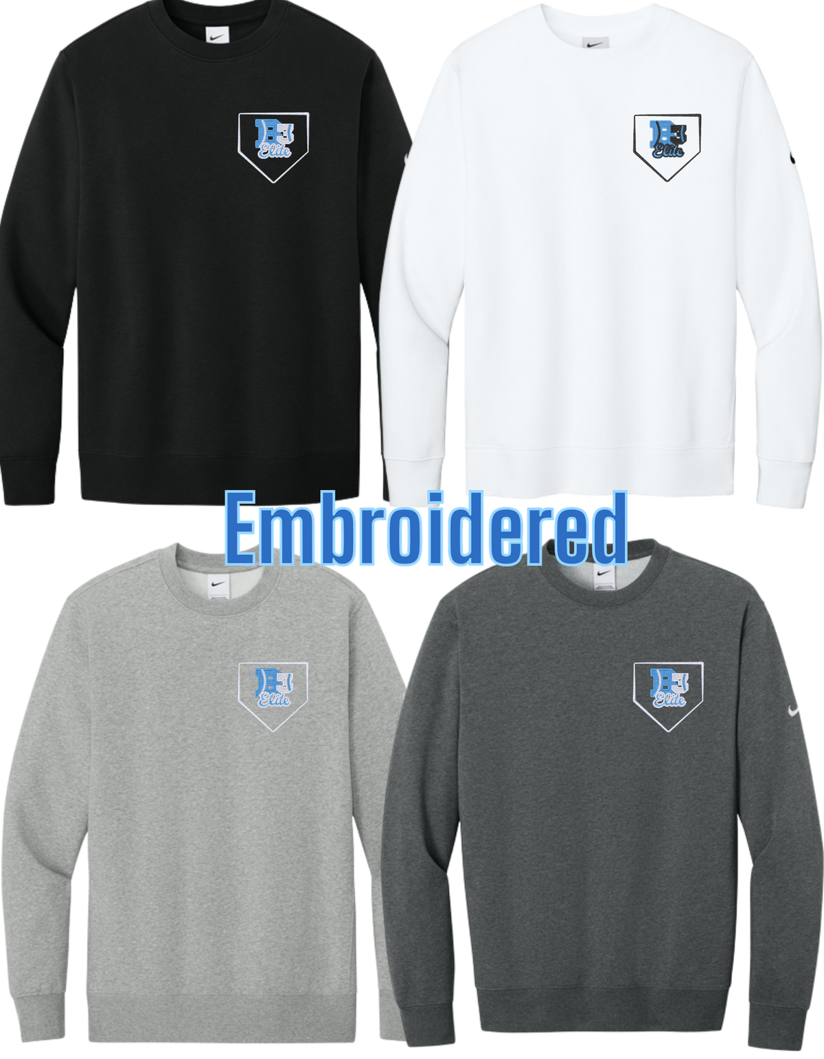 NKFD9863 EMBROIDERED NIKE Club Fleece Sleeve Swoosh Crew - B3 Home Plate Logo Embroidered Left Chest