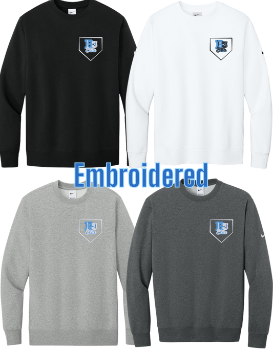 NKFD9863 EMBROIDERED NIKE Club Fleece Sleeve Swoosh Crew - B3 Home Plate Logo Embroidered Left Chest
