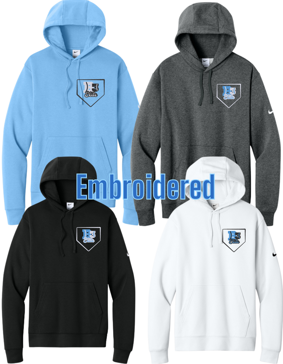 NKDR1499 EMBROIDERED NIKE Club Fleece Sleeve Swoosh Pullover Hoodie - B3 HOME PLATE Logo Embroidered Left Chest