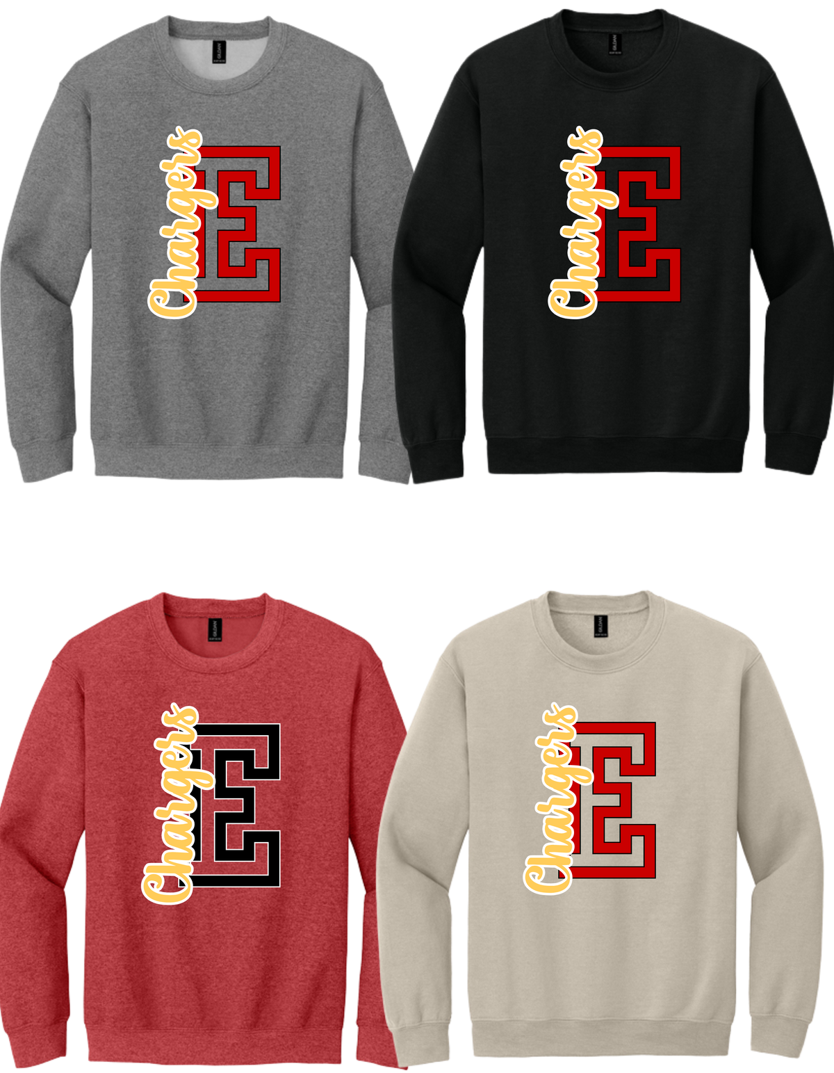 18000 GILDAN Heavy Cotton Crewneck Sweatshirt - Oversized E + Chargers & Oversized Bullitt East Chargers on Back