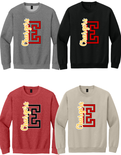 18000 GILDAN Heavy Cotton Crewneck Sweatshirt - Oversized E + Chargers & Oversized Bullitt East Chargers on Back
