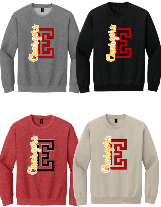 18000 GILDAN Heavy Cotton Crewneck Sweatshirt - Oversized E + Chargers & Oversized Bullitt East Chargers on Back