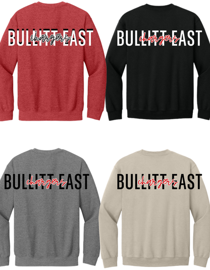 18000 GILDAN Heavy Cotton Crewneck Sweatshirt - Oversized E + Chargers & Oversized Bullitt East Chargers on Back